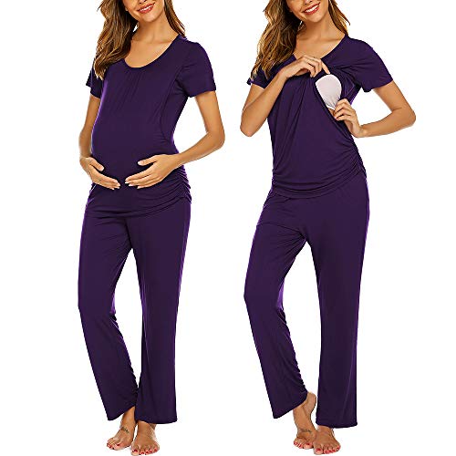Ekouaer Nursing Pajamas for Breastfeeding Nursing Pj Nightgown Labor Robe Hospital Delivery Maternity Sleepwear Dark Purple M