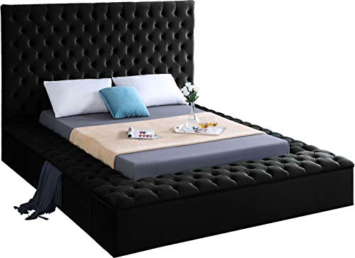 Meridian Furniture Bliss Collection Modern | Contemporary Velvet Upholstered Bed with Deep Button Tufting and Storage Compartments in Rails and Footboard, Black, Queen