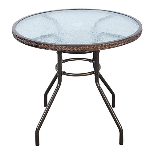 TANGKULA 32' Patio Table Outdoor Round Wicker Covered Edge with Tempered Glass Top and Umbrella Insert Coffee Dining Tabel Patio Furniture for Lawn Garden Pool Steel Frame Commercial Party Table