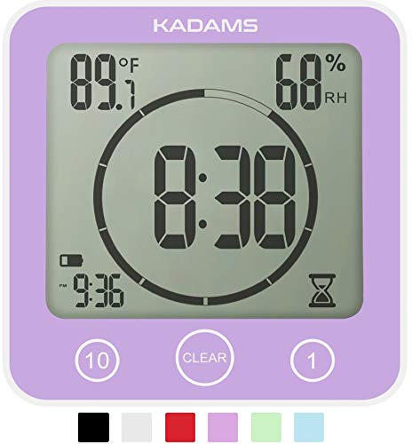 KADAMS Digital Bathroom Shower Kitchen Clock Timer with Alarm, Waterproof for Water Splashes, Visual Countdown Timer, Time Management Tool, Indoor Temperature Humidity, Suction Cup Hole Stand (PURPLE)