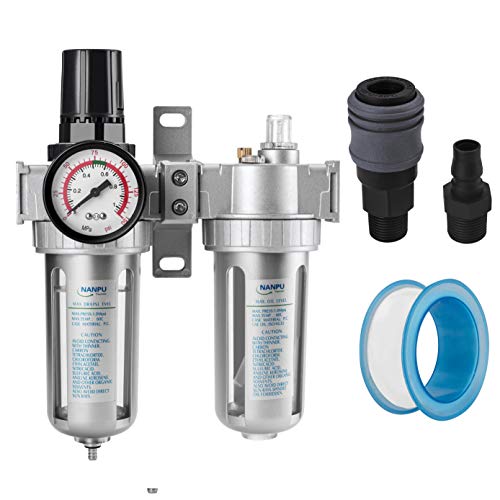 NANPU 3/8' NPT Air Filter Pressure Regulator Lubricator Dryer Gauge Kit Water/Oil Trap Separator 3 in 1 Twin Unit
