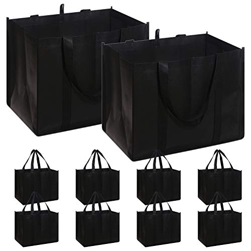 Set of 10 Reusable Grocery Bags Extra Large Super Strong Heavy Duty Shopping Tote Bags with Reinforced Handles, Black