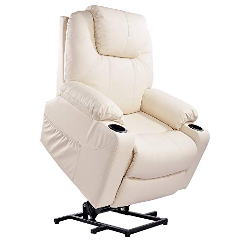 Furgle Power Lift Recliner Chair Faux Leather Electric Massage Heat Vibration Living Room Lounge Massage Chair 2 Remotes Side Pockets Cup Holders TUV Certified White