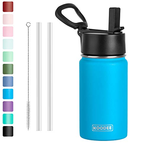 Koodee 12 oz Stainless Steel Water Bottle for Kids Double Wall Vacuum Insulated Wide Mouth Flask with Wide Handle Straw Lid (Sky Blue)