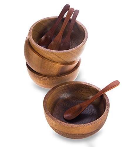 BestySuperStore mini Acacia Wood Bowl in small size for Condiments, Dip Sauce, Nuts, Candy, Fruits, Appetizer, and Snacks, Dia 3.75'x 1.5 H - Set of 4 (FREE 4 Wood Spoons)