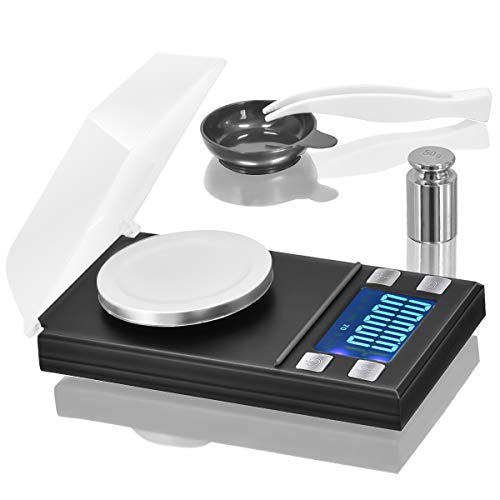 Digital Milligram Pocket Scale 50 x 0.001g, Mini Jewelry Gold Lab Carat Powder Weigh Scales with Calibration Weights Tweezers, Weighing Pans, LCD Display