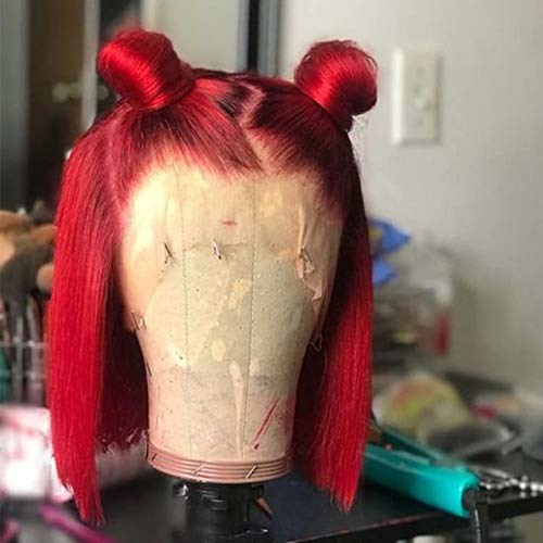 Short Red Bob Lace Front Wigs Pre Plucked Hairline 130% Density Brazilian Remy Full Lace Human Hair Wigs with Baby Hair for Black Women Bleached Knots (12 inch, Lace Front Wig Red Color)