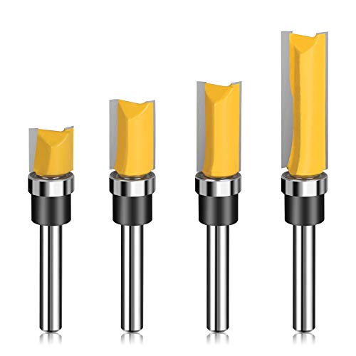 Jooyle 1/4” Shank Pattern Flush Trim Router Bits (4 Sizes) - Applied for Solid Wood Floor, Particle Board, Plywood with Smooth Sharp Cutting, Prevent Cumulate Wood Chips, Resin and Asphalt.