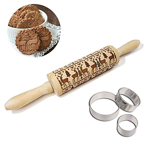 Rakia Christmas Wooden Rolling Pins (35cm) + (Bonus Cookie Cutters) Engraved Embossing Rolling Pin with Christmas Symbols For baking Christmas Theme Pastries & Cookies (13.7 Inch)