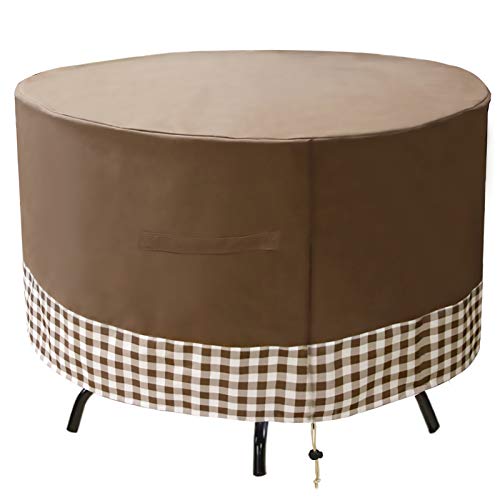JLDUP MDSTOP Round Patio Furniture Covers Waterproof, Outdoor Table Chair Set Covers, Anti-Fading Patio Table Cover for Outdoor Furniture Set with Padded Handles (96' Dia x 27.5' H, Brown)