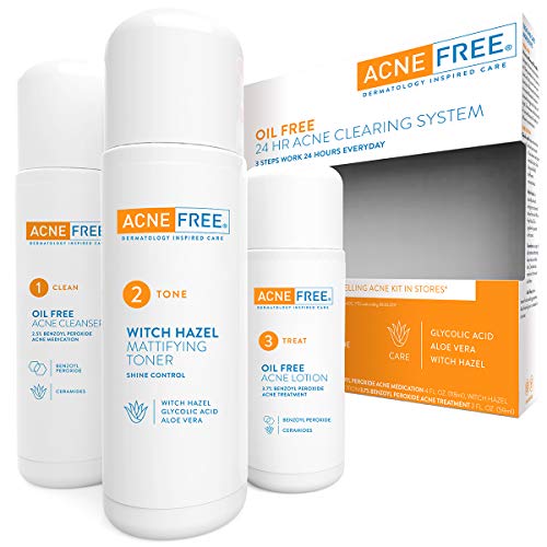 Acne Free 3 Step 24 Hour Acne Treatment Kit - Clearing System w Oil Free Acne Cleanser, Witch Hazel Toner, & Oil Free Acne Lotion - Acne Solution w/ Benzoyl Peroxide for Teens and Adults - Original