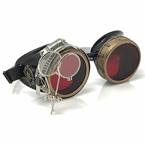 Enjoy Your Steampunk Victorian Style Goggles with Compass Design, Rose Red Lenses & Ocular Loupe