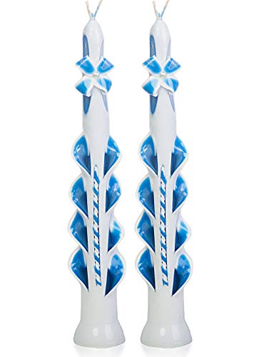 Completely Handcrafted Set of 2 Havdalah Carved Candles by Size 9,4 inch - 3 Wick - Made by 16th Century Techtology - White & Blue - Chanukah Jewish Hanukkah Tall Pillar Multiple Wick Candles