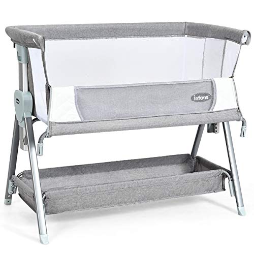 INFANS Baby Bedside Crib, Newborn Sleeper w/Large Storage Basket, Adjustable Heights & Angle, Detachable &Washable Mattress, Breathable Mesh, Straps, Easy Moving Bed Side Bassinet, Light Grey