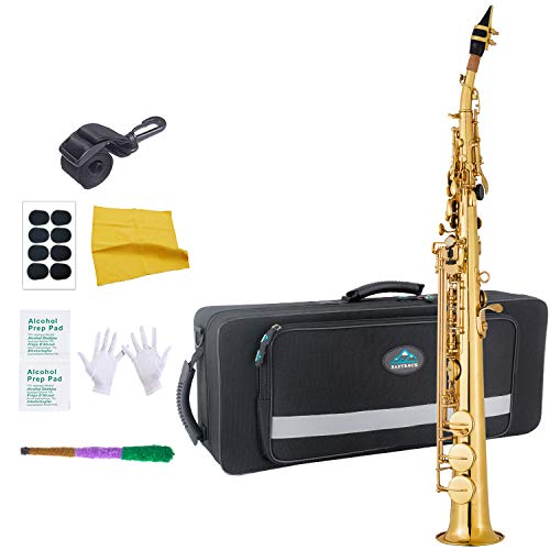 EastRock Bb Soprano Saxophone Straight Gold Laquer Sax Instruments for Beginners Students Intermediate Players with Carrying Waterproof Case,Mouthpiece,Pads,Reed,Cleaning kit,neck Strap,White Gloves