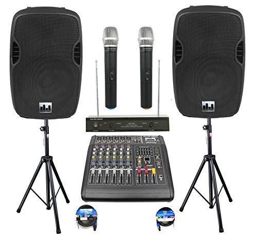 Complete Professional 2000 Watts Complete PA System 6 Ch Mixer 10' Speakers Dual Wireless Mics Stand