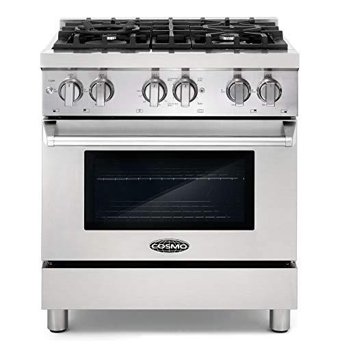 Cosmo DFR304 30 in Slide-In Free-standing Dual Fuel Range | Pro-Style 4 Sealed Burner Gas Rangetop , 3.9 cu. ft. Electric Convection Oven and Stove Cast Iron Grate Wok Attachment - Stainless Steel