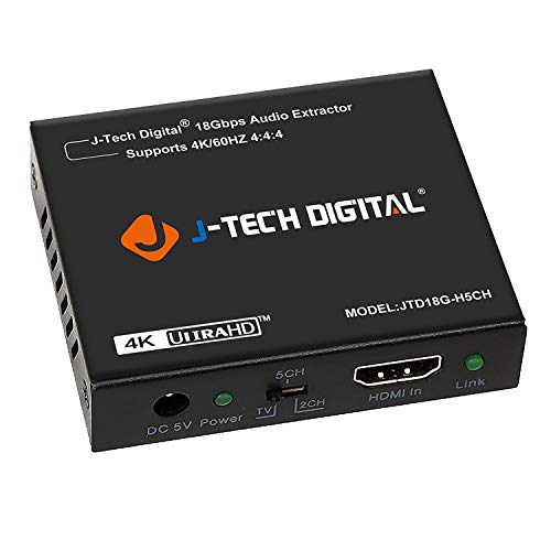 J-Tech Digital 4K 60HZ HDMI Audio Extractor Converter SPDIF + 3.5MM Output Supports HDMI 2.0, 18Gpbs Bandwidth, HDCP 2.2, Dolby Digital/DTS Passthrough CEC, HDR10 [JTD18G-H5CH]