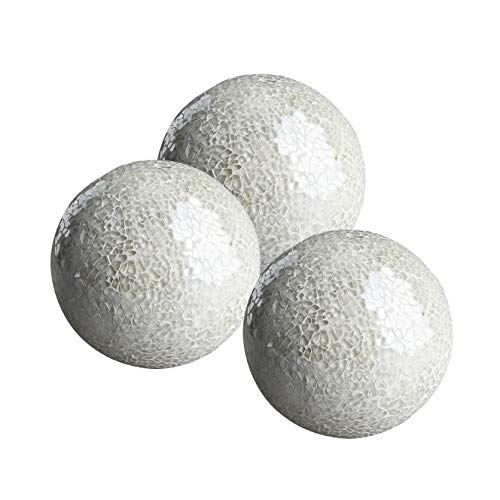 Whole Housewares Decorative Orbs Set of 3 Glass Mosaic Sphere Balls Diameter 4' for Bowls, Vases and Table Centerpieces. (White)