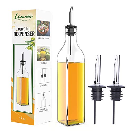 Liam Kitchen Glass Oil Dispenser 17oz Pack 1 - Olive Oil and Vinegar Cruet Clear Bottle Includes 1 Extra Stainless Steel Spout for Easy Pouring - White