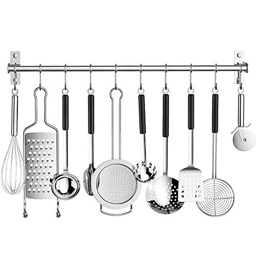 Kitchen Sliding Hooks, Stainless Steel Utensil Hanging Rack with 10 Removable S Hooks,Wall Mounted Kitchen Rail Organizer for Pot Lid Pan, Spoon, BBQ Tools,Cookware,Bathrobe Towel Hanger Bar