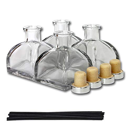 Feel Fragrance Glass Diffuser Bottles with Cork Lid Cover and Reed Stick, Set of 4-3.5' High,150ml 5.1 oz. Fragrance Accessories Use for DIY Reed Diffuser Sets (Rattan Sticks Black)
