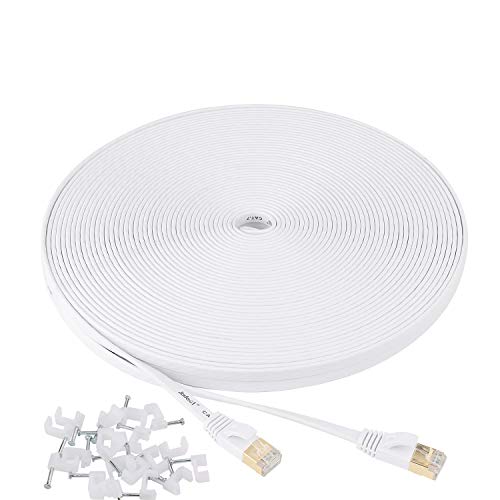 Jadaol Cat 7 Ethernet Cable 100 ft Shielded, Solid Flat Internet Network Computer patch cord, faster than Cat5e/cat6 network, Slim Long durable High Speed RJ45 Lan Wire for Router, Modem, Xbox – White
