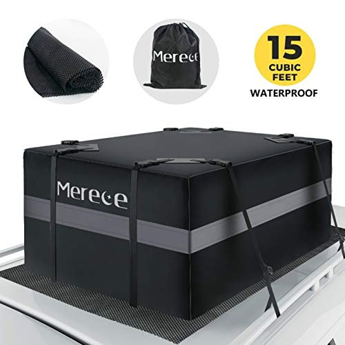Merece Car Rooftop Cargo Carrier - Car Roof Carriers Waterproof Luggage Carrier for Car Rooftop with Car Luggage Mat Anti-Slip 15 Cubic Feet Car Top Carrier Door Hooks for Vehicle Without Racks