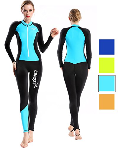 COPOZZ Diving Skin, Men Women Youth Thin Wetsuit Rash Guard- Full Body UV Protection - for Diving Snorkeling Surfing Spearfishing Sport Skin (Black/Blue, Medium for Women)