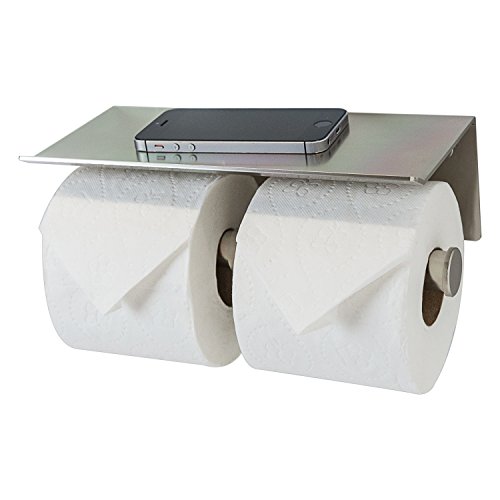 Neater Nest Adhesive Double Toilet Paper Holder with Phone Shelf, Supports Large Rolls, Modern Style (Brushed, 2-Roll)