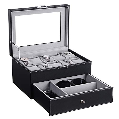 BEWISHOME Watch Box Organizer with Valet Drawer - Real Glass Top, Metal Hinge, Large Holder, Black PU Leather - 10 Slots Watch Storage Case Jewelry Box for Men SSH14B