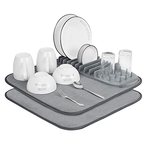 Dish Drying Rack and Mats - JODNO 2 Mats + 1 Rack Ultra Absorbent Microfiber Dishes Drainer Mats for Kitchen Counter, Washable and Easy to Store, 18.23' x 19' Gray