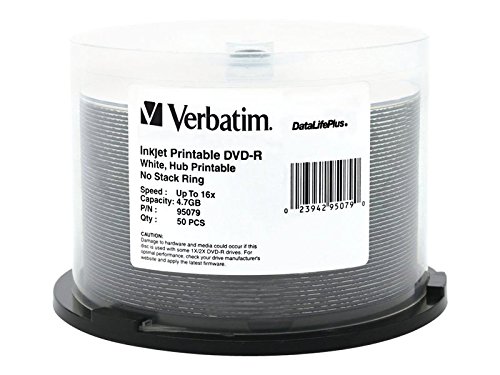 Verbatim DVD-R 4.7GB 16X DataLifePlus White Inkjet Printable Surface, Hub Printable - 50pk Spindle