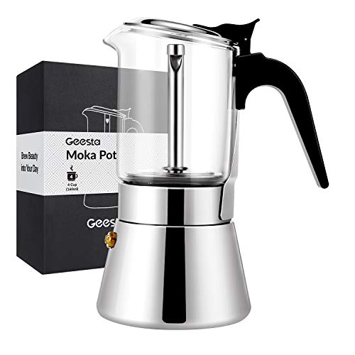 GEESTA Premium Crystal Glass-Top Stovetop Espresso Moka Pot - 4/6 cup - Stainless Steel Coffee Maker - 160ml/5.6oz/4 cup (espresso cup=40ml)