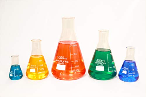 Glass Erlenmeyer Flask Set of 5 Borosilicate Thick Low Form - 50ml, 150ml, 250ml, 500ml, 1000ml