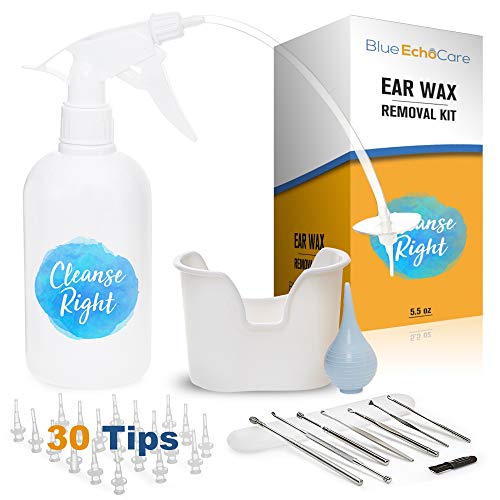 Cleanse Right Ear Wax Removal Kit- 8 PCS Curette Tool (Spoon, Spiral) 30 Disposable Tips! Wash Basin, Syringe. Cleaner Irrigation Tool to Remove Earwax Blockage - Device for Adults and Kids