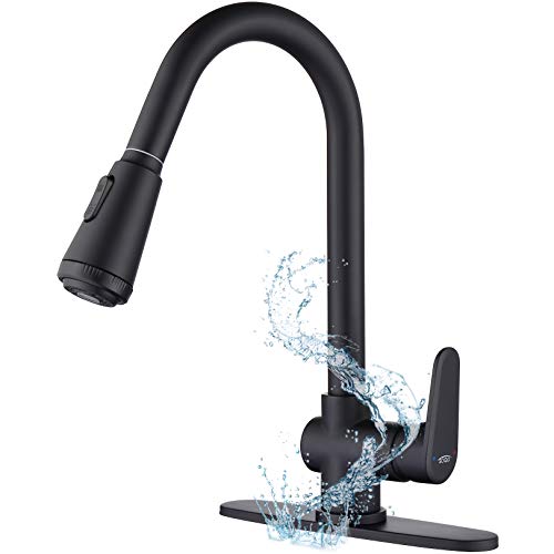 SOQO Kitchen Faucet, 4 Modes Kitchen Sink Faucet, Commercial Solid Brass Faucet with Pull Down Sprayer, Hot & Cold Control, Single-Handle, Matte Black