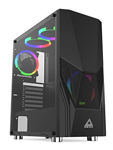 Montech Fighter 500 ATX Mid-Tower Computer Gaming Case/Pre-Installed Four Rainbow LED Fans, High-Airflow, Mesh 3D Front Panel, Tempered Glass, Magnetic Dust Filter/ATX,Micro ATX,Mini-ITX, Black