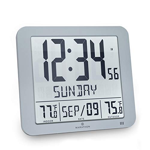 Marathon Slim Atomic Wall Clock with Indoor/Outdoor Temperature, Full Calendar and Large Display - Batteries Included - CL030027-FD-GG (Graphite Grey)