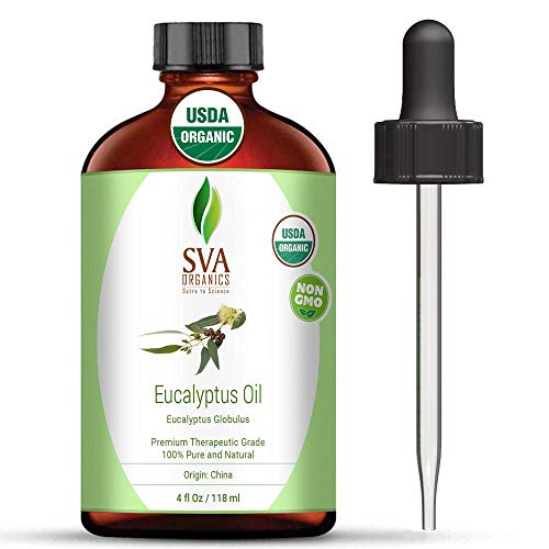 SVA Organics Eucalyptus Essential Oil Organic 4 Oz USDA with Dropper 100% Pure Natural Undiluted Premium Therapeutic Grade Oil for Diffuser, Aromatherapy, Face, Body & Hair Care