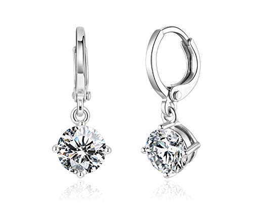 Drop Dangle Earrings Leverback 7MM 1.25ct CZ Cubic Zirconia design 18K White Gold Plated With Small Hypoallergenic Hoops Gorgeous Gift for Women and Girls