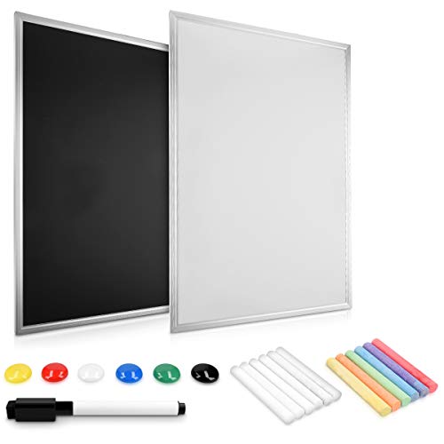 Navaris Double-Sided Chalkboard Whiteboard - 16' x 24' Wall Blackboard Magnetic Dry Erase Message Board - Includes Chalk and Magnets - Metal Frame