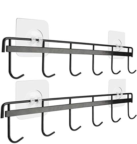 Yizhi Adhesive Wall Hooks Rack Kitchen Rail, Space Saving Wall Hanger No Drilling Wall Mounted Accessory Hanger with 6 Hooks for Kitchen Bathroom Bedroom Closet Pack of 2 (Black)