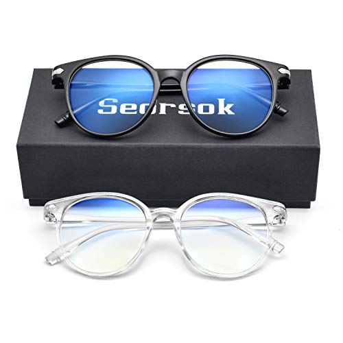 Seorsok Blue Light Blocking Glasses Men Women Vintage Round Computer Eyeglasses- 2 Pack: Black+Transparent White