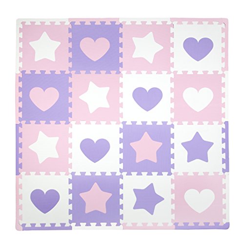 Tadpoles Baby Play Mat, Kid's Puzzle Exercise Play Mat – Soft EVA Foam Interlocking Floor Tiles, Cushioned Children's Play Mat, 16pc, Hearts and Stars, Pink/Purple/White, 50x50