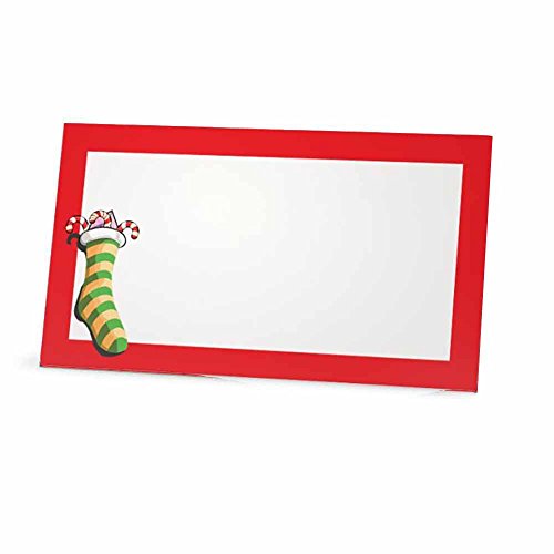 Christmas Stocking Red Place Cards - Flat or Tent Style - 10 or 50 Pack - White Blank Front with Border - Placement Table Name Seating Stationery Party Supplies Occasion Dinner (50, Flat Style)