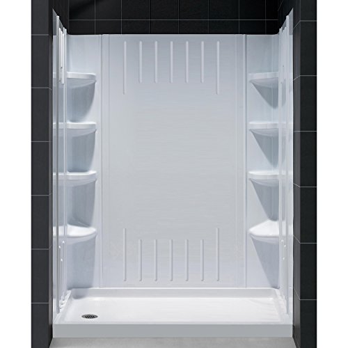 DreamLine 30 in. D x 60 in. W x 75 5/8 in. H Left Drain Acrylic Shower Base and QWALL-3 Backwall Kit In White, DL-6145L-01