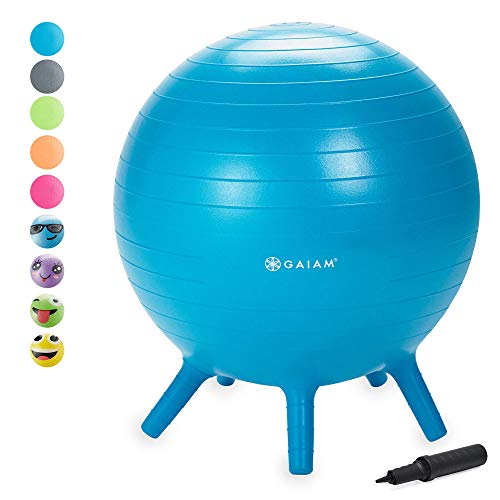 Gaiam Kids Stay-N-Play Children's Balance Ball - Flexible School Chair Active Classroom Desk Alternative Seating | Built-In Stay-Put Soft Stability Legs, Includes Air Pump, 45cm, Blue