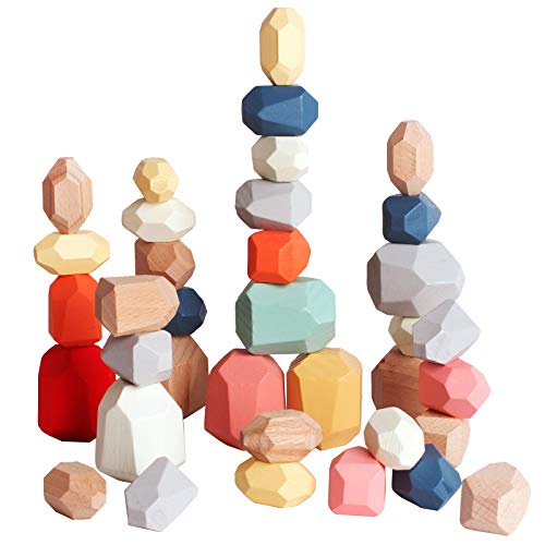 36 PCs Wooden Sorting Stacking Balancing Stone Rocks Educational Preschool Learning Toys Large Small Building Blocks Game Stones Lightweight Puzzle Set for Kids 3 Years Old