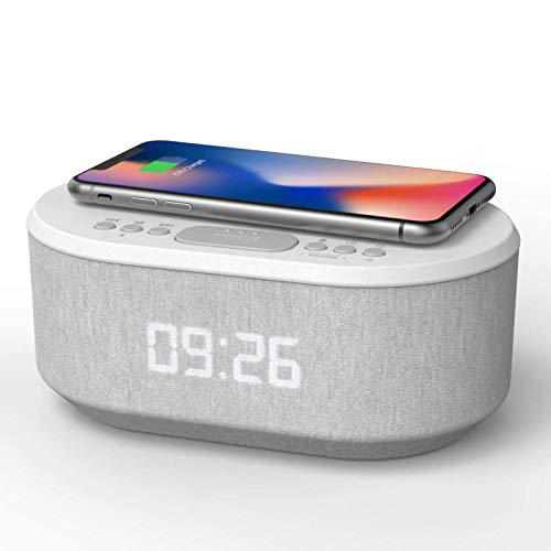 Bedside Radio Alarm Clock with USB Charger, Bluetooth Speaker, QI Wireless Charging, Dual Alarm & Dimmable LED Display